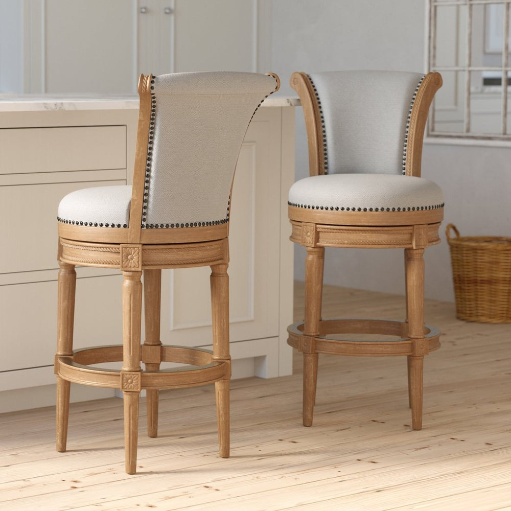 English Elm 26in. Wood High-back Swivel Barstool Farmhouse Style Nailhead Upholstered Kitchen Seat Oak B2751P436433