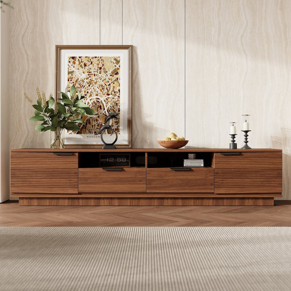 English Elm 78 Inch Walnut Media Console with Slatted Doors Solid Wood Legs and Cable Management N710P374714P