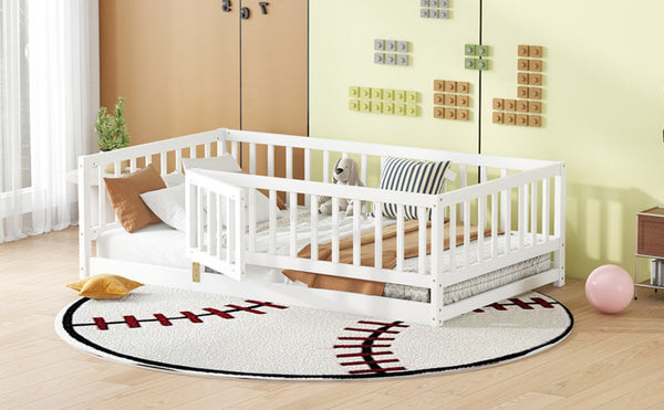 English Elm Twin Montessori Pine Floor Bed with Perimeter Fence Door and Slatted Base for Kids W1820P399071