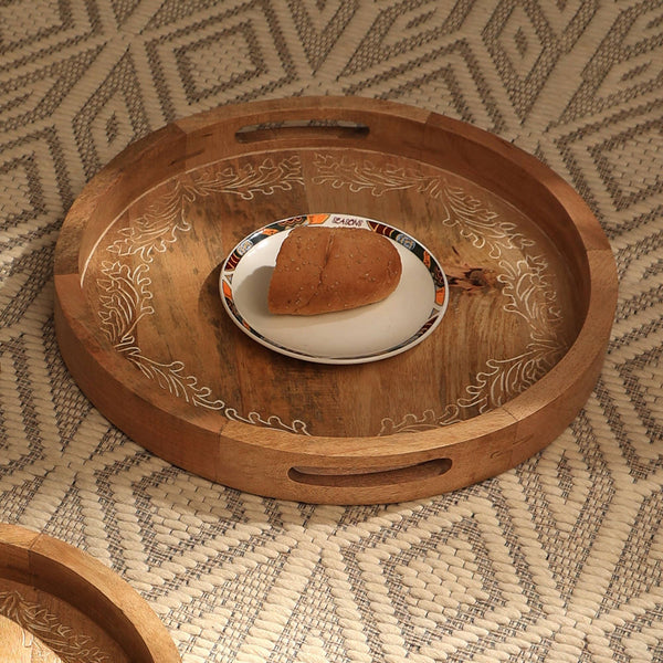 English Elm DECORATIVE Carved Round Wood Tray - Natural Finish, Intricate Handcrafted Design, Durable 19x19x4 B346P335649