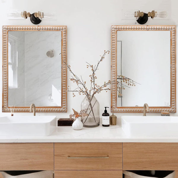 English Elm 22x30 Wood Framed Mirror Antique Natural Farmhouse Wall Mounted Rectangle Vanity Mirror with Beaded Trim for Bathroom Bedroom Hallway W2295P290649