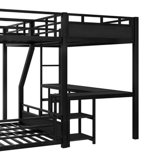 English Elm L-shaped Metal Triple Bunk Bed with Slide Desk Shelves and Usb Charging Black W1580S00569