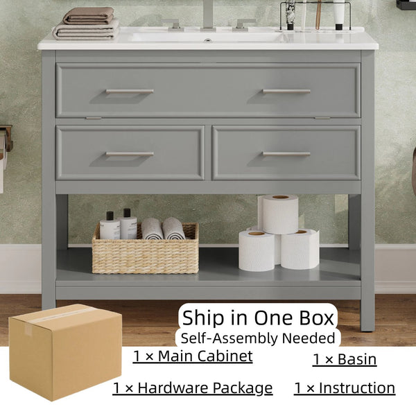 English Elm Christopher Knight Home® - 36" Modern Bathroom Vanity with Ceramic Sink, Tip-Out Tray, Soft-Close Drawers, Open Shelf, Waterproof Surface Gray N817P288908G