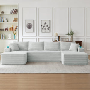 English Elm Compressible Modular U-shaped Sectional Corduroy Cloud Sofa for Spacious Living Rooms Light Grey W2339S00146