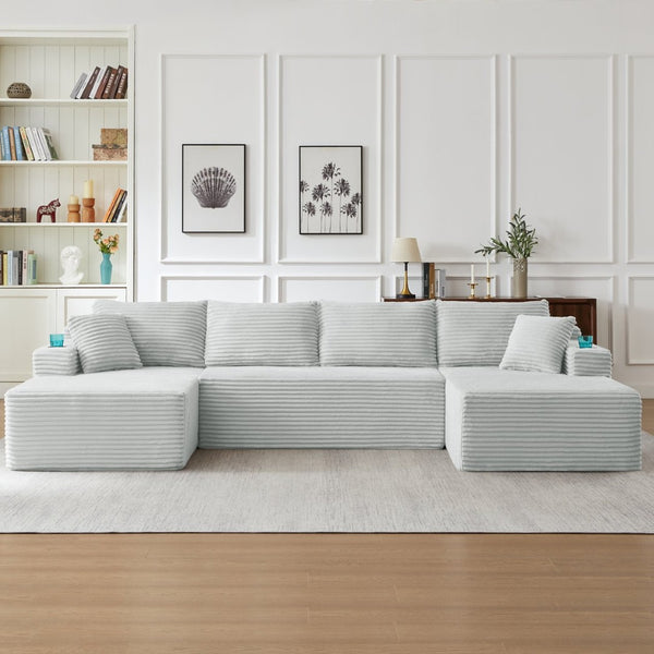 English Elm Compressible Modular U-shaped Sectional Corduroy Cloud Sofa for Spacious Living Rooms Light Grey W2339S00099