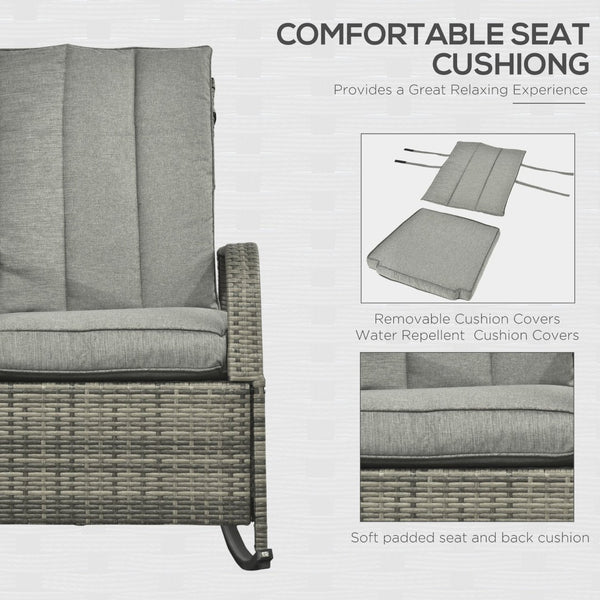 English Elm Outsunny Outdoor Rattan Rocking Recliner With Cushions, Adjustable Footrest & Durable Gray Wicker W2225P174015-GIGA