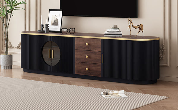 English Elm VIBE Elegant 70.8" Modern TV Stand with Gold Accents, Glass Cabinets, 3 Drawers & Cable Management Black SJ000131AAB