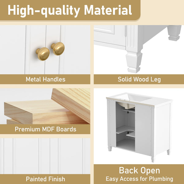 English Elm Christopher Knight Home® - 36" Freestanding 36-inch Modern Bathroom Vanity with Ceramic Sink, Ample Storage, Solid Legs, Durable Finish White N759P284623K