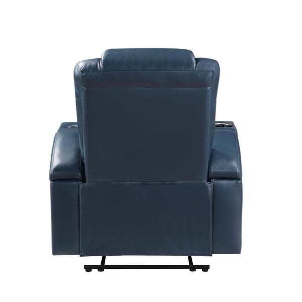 English Elm Alair Blue & Black Leather Aire Power Recliner with Bluetooth, Wireless Charger, Cooling Cupholder & Storage B2726P321025