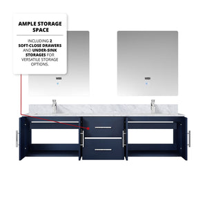 English Elm Navy Double Bath Vanity 72" W x 22" D with Carrara Marble Top, Chrome Faucets, 30" LED Mirrors, Durable Finish B2731S01046