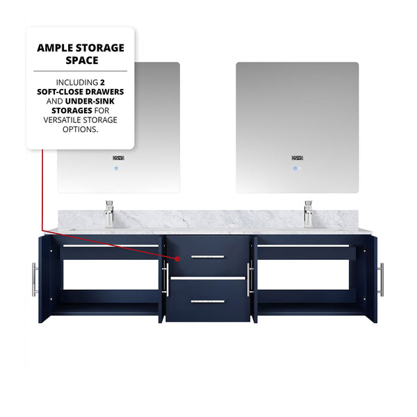 English Elm Navy Double Bath Vanity 72" W x 22" D with Carrara Marble Top, Chrome Faucets, 30" LED Mirrors, Durable Finish B2731S01046