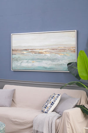 English Elm 59.1x29.5x1.5" Framed Abstract Ocean Painting in Champagne Gold Frame — Misty Blue & Metallic Accent Art (59.1x29.5x1.5) W2078P318300