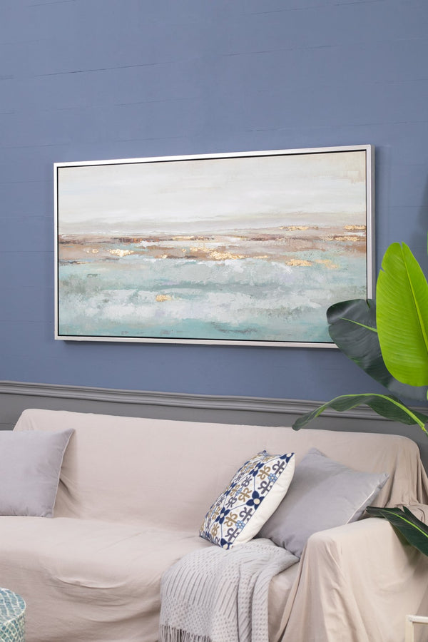 English Elm 59.1x29.5x1.5" Framed Abstract Ocean Painting in Champagne Gold Frame — Misty Blue & Metallic Accent Art (59.1x29.5x1.5) W2078P318300