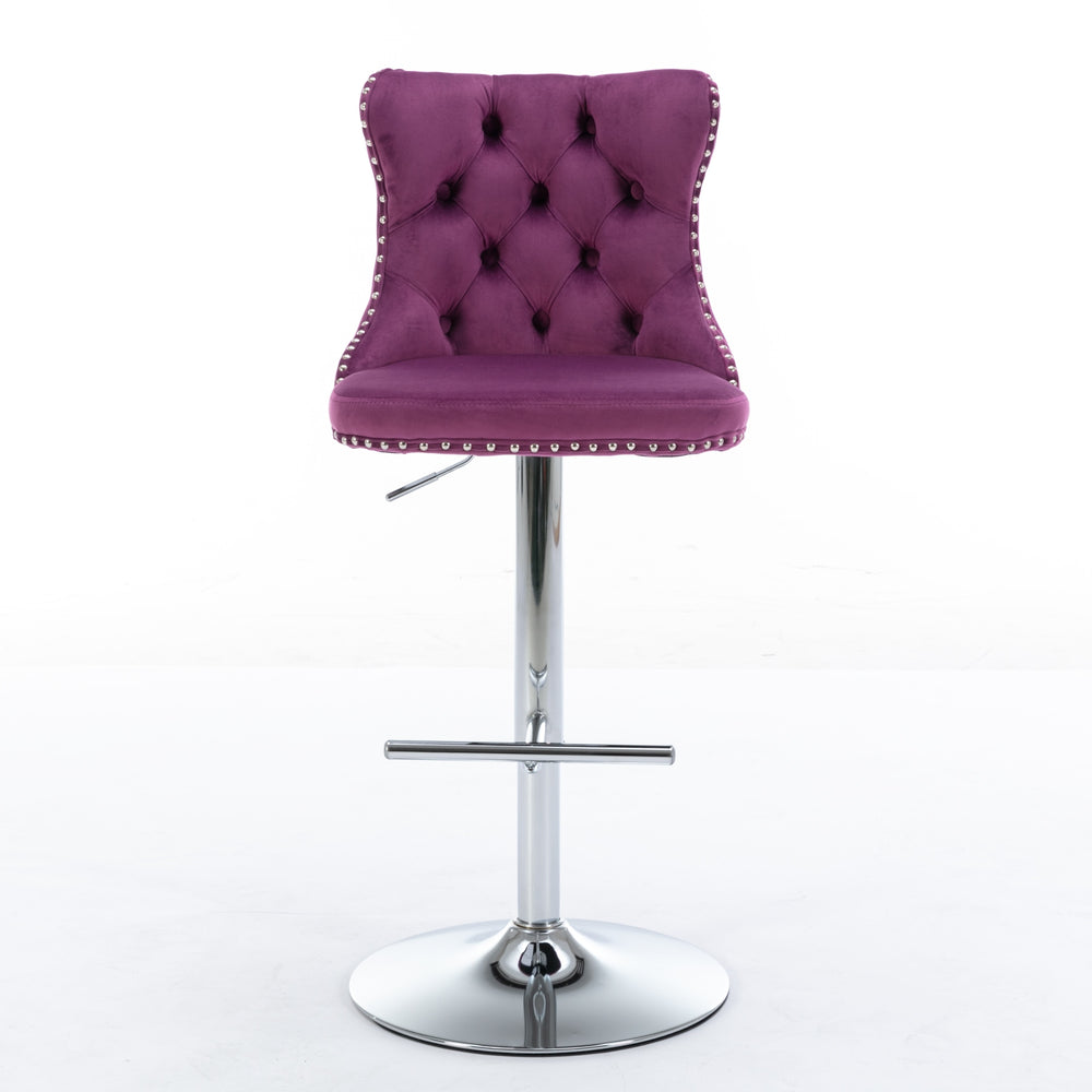 English Elm Swivel Velvet Barstools Adjustable 25–33" Height, Tufted Back, Chrome 17.7" Base, Purple Set of 2 W1143137914