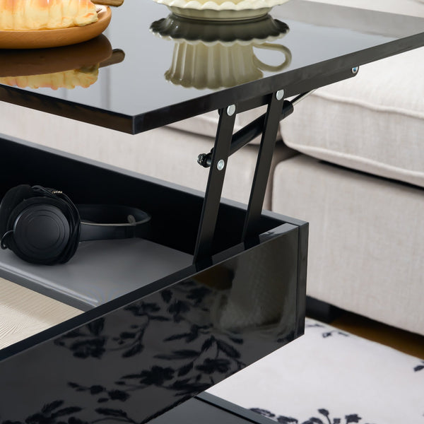 English Elm 39.3" Lift Top Coffee Table with Hidden Storage, 2 Drawers, Adjustable LED Ambience Lights and Durable Lift Mechanism Black W3871P368907