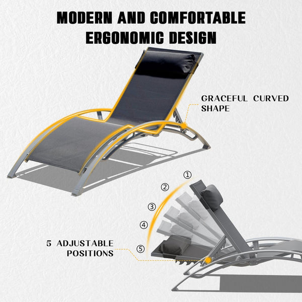 English Elm Pool Lounge Chairs Set of 2 Aluminum Frame Textilene Chaise with 5 Recline Positions & Neck Pillow Dark Gray W1859P321409