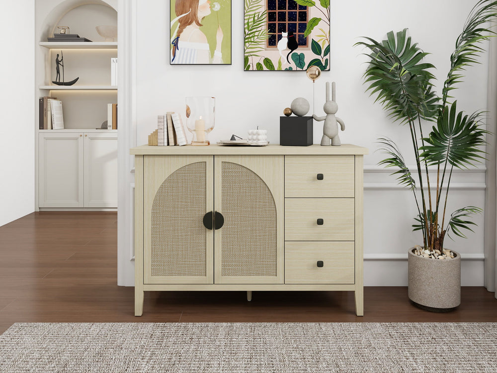 English Elm Rattan 2 Door 3 Drawer Cabinet with Adjustable Shelves, Anti-Slip Mats & Smooth Slide Rails W688P223037