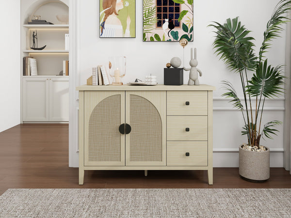 English Elm Rattan 2 Door 3 Drawer Cabinet with Adjustable Shelves, Anti-Slip Mats & Smooth Slide Rails W688P223037