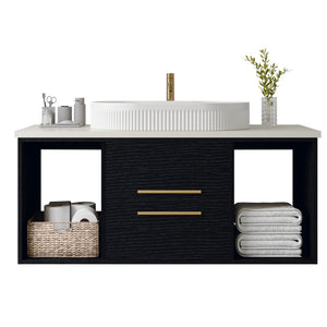 English Elm Modern 40" Wall-Mounted Bathroom Vanity with Oval Ceramic Sink, Floating Solid Wood Cabinet, Soft-Close Drawers & Open Shelf Storage W3136S00011