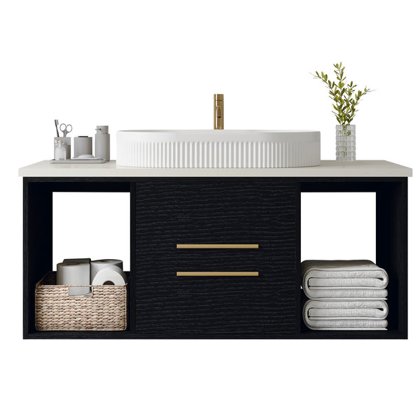 English Elm Modern 40" Wall-Mounted Bathroom Vanity with Oval Ceramic Sink, Floating Solid Wood Cabinet, Soft-Close Drawers & Open Shelf Storage W3136S00011