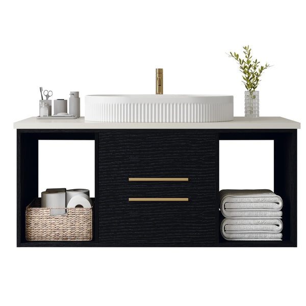 English Elm 39.4 Inch Floating Bathroom Vanity Sintered Stone Top Solid Wood 2 Soft Close Drawers W3136S00076
