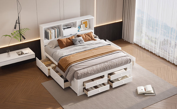 English Elm King Platform Bed with 8 Drawers Open Headboard Compartments and Pine Wood Frame White GX000454AAK-1