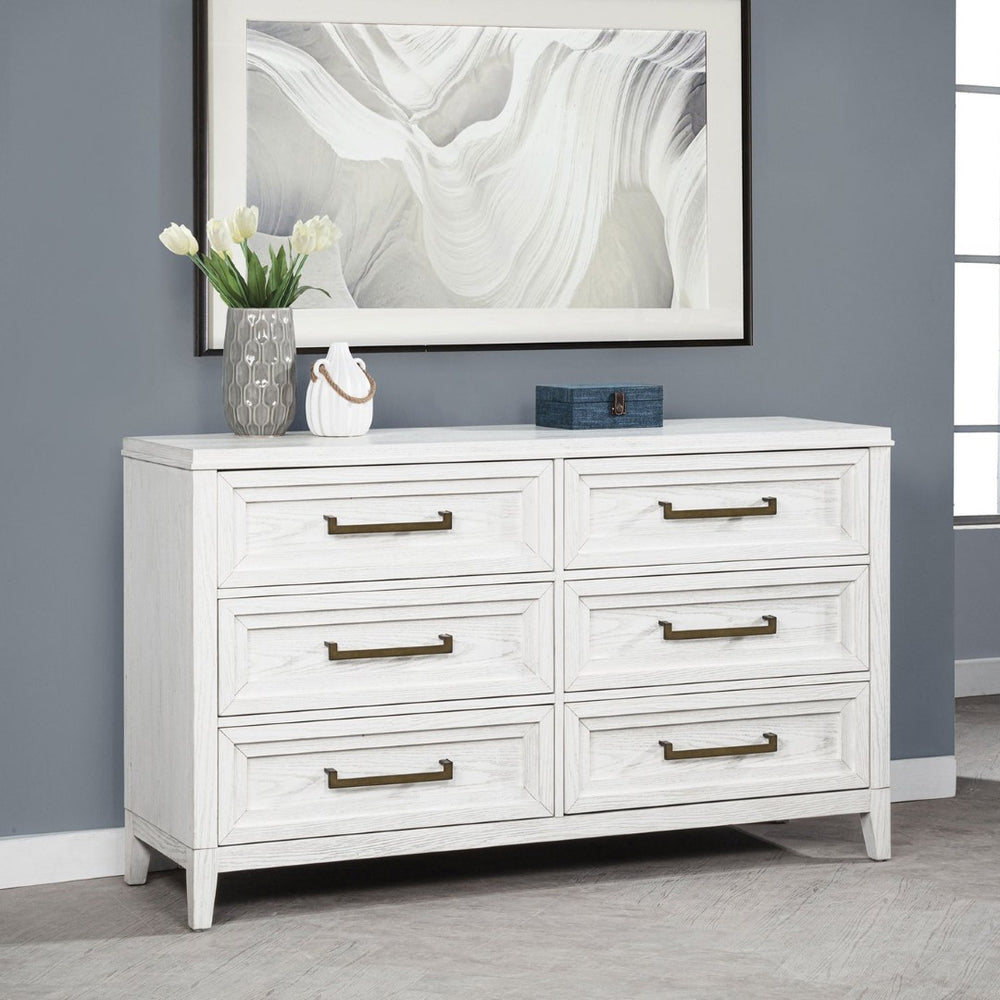 English Elm Inverness Six Drawer Farmhouse Dresser Distressed White Oak Veneer Brass Pulls B062P447818