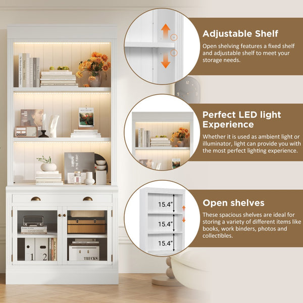 English Elm 83.4"tall Bookcase with Led Shelves Sliding Doors Open Storage Modern White N751S379857K