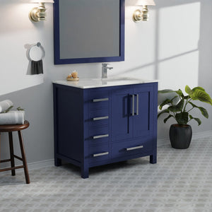 English Elm Navy Blue Bath Vanity With Right Offset Carrara Marble Top & Matching Mirror For Elegant Storage B2731S00692