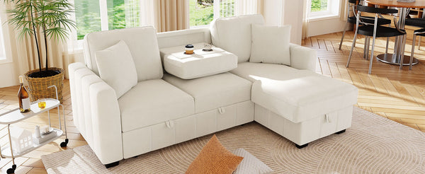 English Elm U_style Modular Sectional Sleeper Sofa with Storage Chaise and Cup Holders for Living Room Beige WY000467AAA