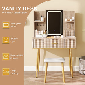 English Elm 4-Drawer Vanity Desk with LED Mirror, Fluted Carved Design, Jewelry Organizer, PU Stool, Metal Legs for Bedroom W2700P369515