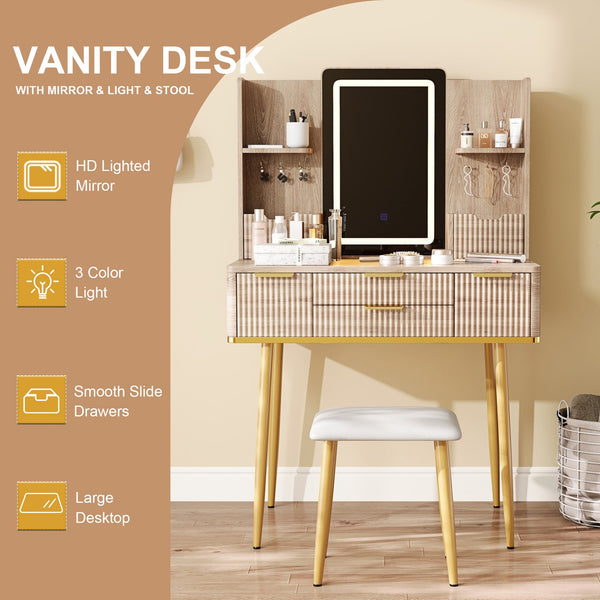 English Elm 4-Drawer Vanity Desk with LED Mirror, Fluted Carved Design, Jewelry Organizer, PU Stool, Metal Legs for Bedroom W2700P369515