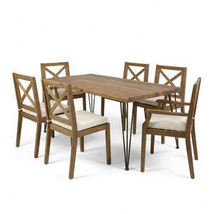 English Elm 7 Piece Acacia Wood Outdoor Dining Set Teak Finish Iron Hairpin Legs Cushioned N762S000044AAK