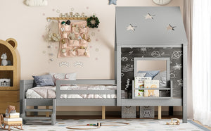English Elm Full Bunk Bed with Trundle Bookshelf Storage Pine Frame Car Design for Kids Gray W1580S00296