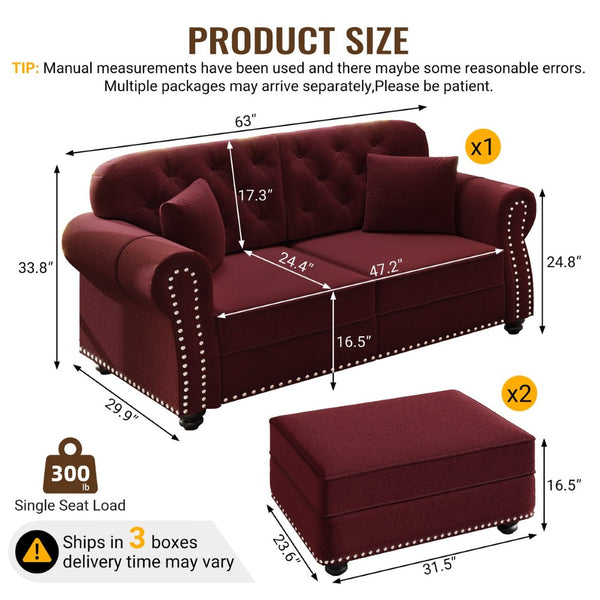 English Elm 63"upholstered Velvet Loveseat with Tufted Back Nailhead Arms Chesterfield Living Room Burgundy W1885S00381