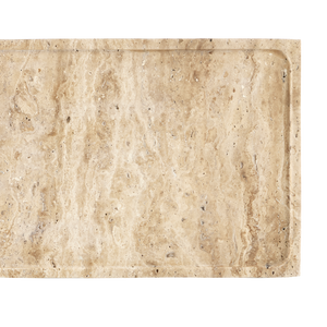 Boyles Modern Travertine Side Table with Unique Pitted Design & Black Forged Iron Base - 21.5" High