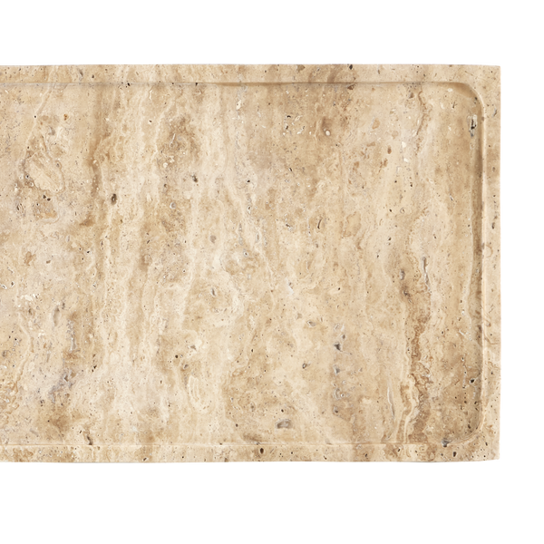 Boyles Modern Travertine Side Table with Unique Pitted Design & Black Forged Iron Base - 21.5" High