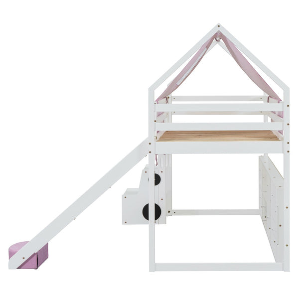 English Elm Twin House Loft Bed with Tent Canopy Slide and Shelves Pinewood Kids Frame White LT000682AAK-1
