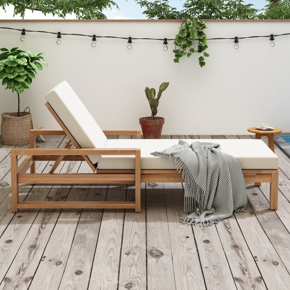 English Elm Trexm Outdoor Acacia Wood Chaise Lounge with Thick Foam Cushion and Adjustable Backrest Light Teak N715P236307D
