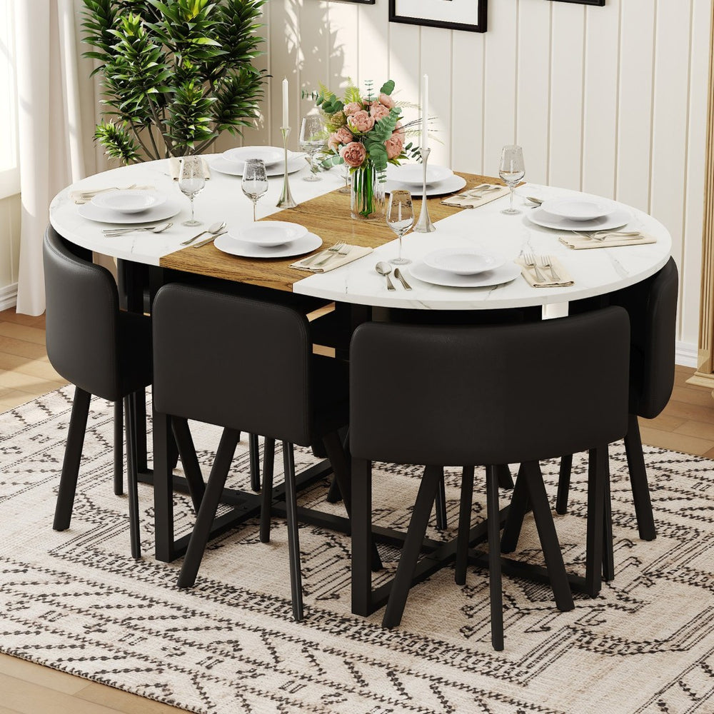 English Elm 7-piece Oval Dining Set Two-tone Marble Tabletop with Pu Leather Chairs for Six Black,White,Wood W3875S00090