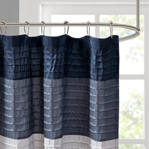 JLA Home Madison Park - Faux Silk Dupioni Shower Curtain with Pintuck Color‑Block Panels, Lightweight Drape, Machine Washable Navy MP70-2206