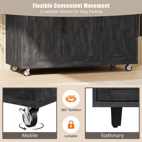 English Elm K&K Farmhouse Kitchen Island with Geometric Twill Doors, ASH Bark Top, Drop Leaf & Lockable Wheels Black N707P221444B