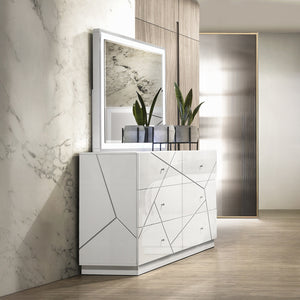 English Elm Ultra Modern white and silver 6-drawer dresser with embossed lines, smooth metal glides, luxe knobs Glossy White 66 L x 22 W x 40 H B2741P408966