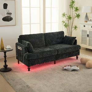 English Elm Modern chenille 2-seater sofa with LED lighting, USB charging, storage pocket, sturdy wood legs Black W395P318548