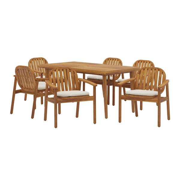 English Elm Christopher Knight Home® - Meja Acacia 7PCS Outdoor Patio Dining Set Teak & Beige with Umbrella Hole, Cushioned Eucalyptus Chairs MEJA7PCSET