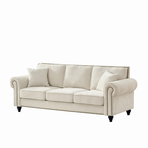 English Elm 86" Modern 3-Seater Sofa with Rolled Arms Chenille Upholstery, Nailhead Trim, Solid Wood Base for Living Room Comfort and Durability Beige W3373S00018