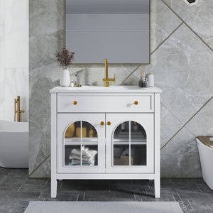 English Elm 35.6" Freestanding Bathroom Vanity with Roman Column Base and Ceramic Integrated Sink White W1801S00001