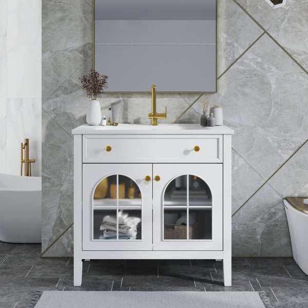 English Elm 35.6" Freestanding Bathroom Vanity with Roman Column Base and Ceramic Integrated Sink White W1801S00001