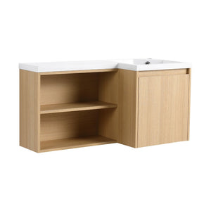 English Elm 36" Corner Floating Vanity with Integrated Resin Sink Open Shelf Light Oak Modern Bath W3450S00049