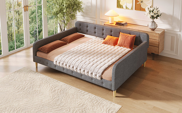 English Elm Queen Upholstered Daybed with Tufted High Sideboard, Linen Finish, Solid Wood Frame, 800lb Capacity Gray N7500001850E